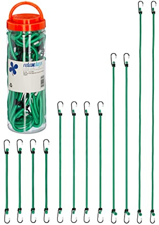 Relaxdays Spanngummi mit Haken, 12er Set, Fahrrad Gummispanner Gepäckträger, 4 Größen, Universal Gepäckspanner, grün