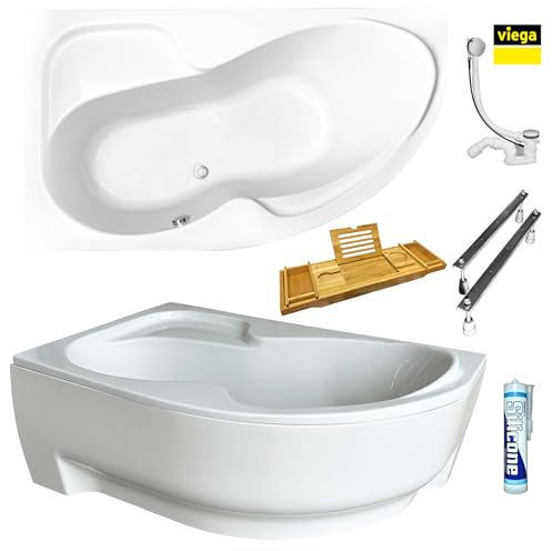 ECOLAM Badewanne WELA 150x100 cm links Schürze | Wanne mit Bambusablage Wannenbrücke | Eckwanne Eckbadewanne Antirutsch + Ablaufgarnitur Füße Silikon Komplett-Set Acryl weiß