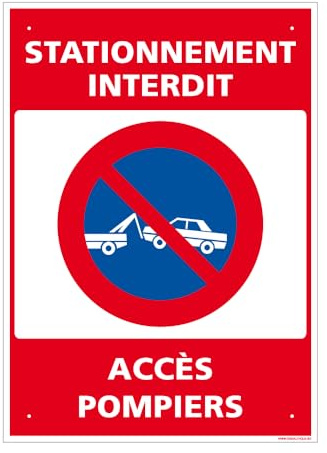 Panneau Stationnement Interdit, Accès Pompiers Alu 2 Mm - 300 X 420 Mm Signalisation Rectangulaire Prépercée Avec Kit De Fixation Fabrication Française