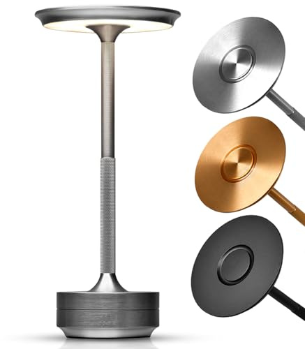 ELYSIA LED Akku-Tischleuchte Dimmbare Tischlampe Kabellos mit Touch für Innen & Outdoor [IP54], (extra-) Warmweiß [2200K-2700K-3200K], USB-C, Wieder-Aufladbare Nachttischlampe, Aluminium, Silber