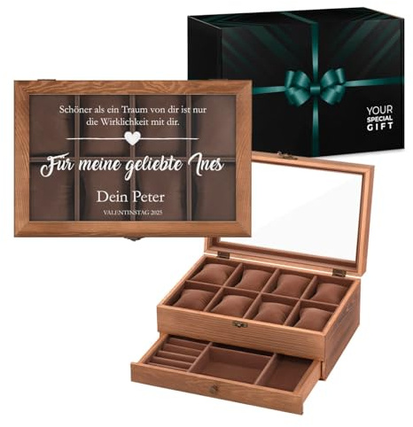 Maverton Uhrenbox mit Gravur - braune Uhren Aufbewahrungsbox für 8 Uhren mit Glasdeckel und Schublade für Schmuck - funktionale Schmuckschatulle für Frauen und Paar - 30x20x12,5cm - Zitat | Schmuckkästchen mit 8 Fächern und Schublade, für Geburtstag, Hochzeit, Jahrestag, Liebe
