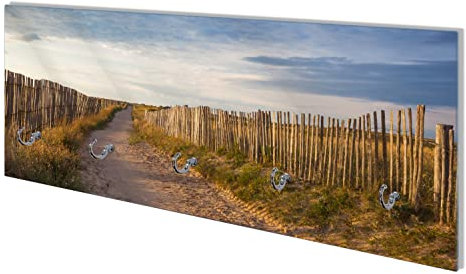 Wallario Wandgarderobe aus Glas in Größe 80 x 30 cm mit Memoboard-Funktion, Motiv: Sandweg an einem Strand in Frankreich, Bretagne | 5 Kleiderhaken zum Aufhängen von Jacken