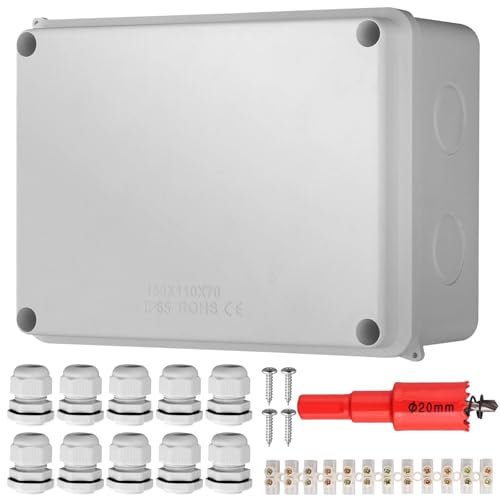 EYPINS IP65 Waterproof Junction Box, ABS Electrical Box Outdoor Cable Connector with M20 Cable Gland and Terminal Strip for Electrical Connection Box Control(150x110x70mm), White