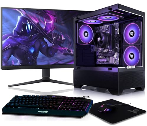 BEASTCOM Q3 Gaming PC Set Komplett, AMD Ryzen 7 8X 4,60GHz 16 Threads, 4K Vega Radeon Grafik, 16GB RAM, 1TB SSD + Monitor LED 24 + Gaming Tastatur + Maus + Mauspad, WLAN, Win 11 Pro