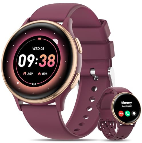 HASAKEI Montre Connectée Femme, 1.27 Smartwatch avec Appel Bluetooth, 2 Sangles, 400+ Cadrans, Suivi des Périodes/Sommeil/Indice UV, 70+ Modes Sportifs Montre Sport Étanche IP68 iOS Android Bourgogne