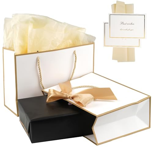 Juego de 2 bolsas de regalo, bolsas de papel con asa, bolsas de regalo con tarjetas de felicitación y papel de seda, color blanco con borde dorado