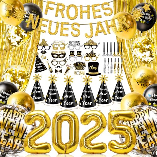 iZoeL Silvester Deko 2026 Party Golden Folienballon 2026 Frohes neues Jahr Deko Banner Luftballon Silvester Fotorequisiten Partytröten Metalic Glitzer Vorhang Neujahr Partydeko Silvesterdeko