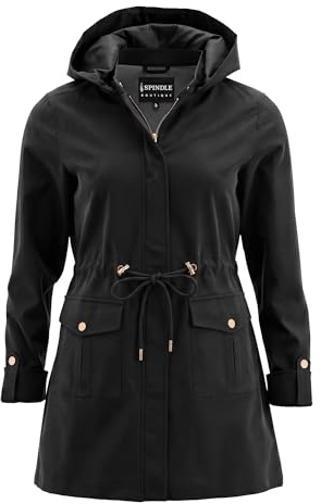 BRAVE SOUL Women's Black Water Repellent Rain Jacket - Hooded Windbreaker, Utility Coat with Adjustable Waist & Roll-up Sleeves