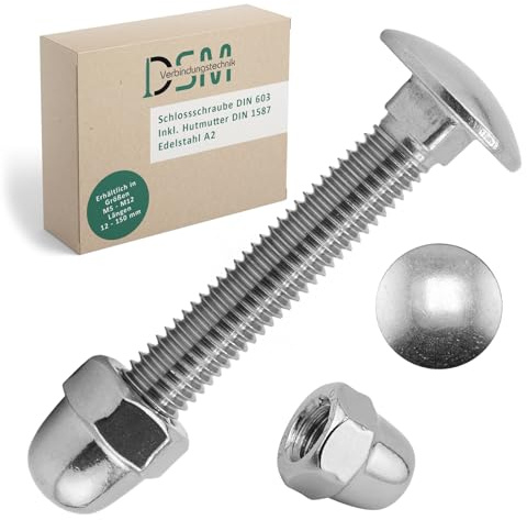 DSM – Schlossschrauben M6 x 45 mm SET DIN 603 – je 10 Stück Edelstahl A2 | inkl. M6 Hutmuttern DIN 1587 [TrueSpec Präzision] Vollgewinde Flachrundkopfschrauben Vierkantansatz Torbandschrauben