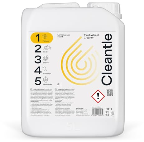 Cleantle Tire&Wheel Cleaner 5l Felgenreiniger und Reifenreiniger Konzentrat Alkalischer Reiniger Alufelgen Stahlfelgen Gummimatten Radkasten Kraftvolle Reinigung ohne Natriumhydroxid Lemongrass