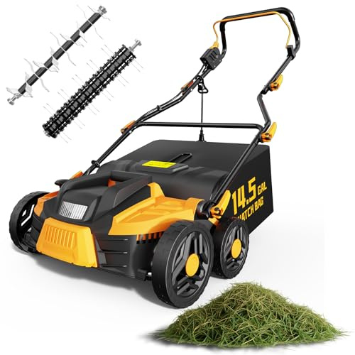 Grelawner 15.5 Amp 16-Inch Electric Dethatcher and Scarifier, Lawn Dethatcher with Foldable Design, 14.5-Gallon Bag, 5-Position Depth Adjustment, Quick Blade Replacement, Ideal for Healthy Lawn Care