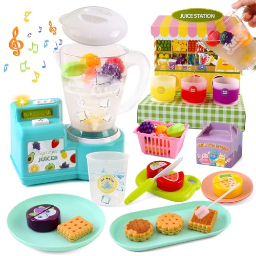 Varrotoy Kids Juicer Toy Set with Color-Changing Fruits, Fruit Cutting Play Food & Pretend Smoothie Maker, Water-Reactive Kitchen Role Play Toy Gift for Toddlers Ages 2 3 4 +