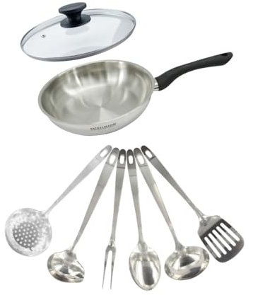 Fackelmann 9445450 Set poêle 24 cm en inox 18/8, Couvercle verre et 6 ustensiles inox, Poêle de cuisson, Poêle tous feux, Poêle induction, Poêle sans PFAS, Acier inoxydable 18/8, Verre, 24 cm