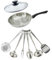 Fackelmann 9445450 Set poêle 24 cm en inox 18/8, Couvercle verre et 6 ustensiles inox, Poêle de cuisson, Poêle tous feux, Poêle induction, Poêle sans PFAS, Acier inoxydable 18/8, Verre, 24 cm