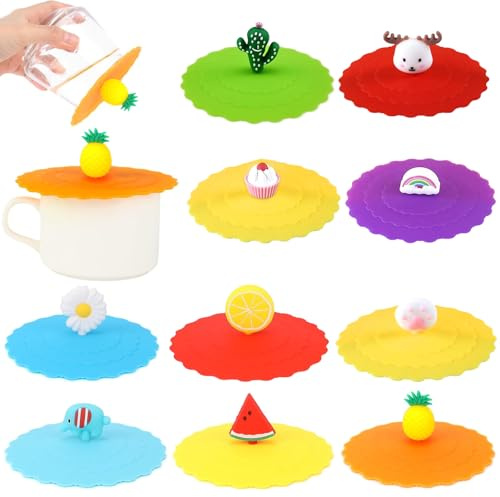 LIULINY 10 Pezzi Coperchi in Silicone Tazze, Copritazza Riutilizzabili, Copri Tazza Antipolvere e a Prova di Perdite, Copritazza Simpatici Cartoni Animati, per Caffè Boccale Birra, Bicchieri da Vino