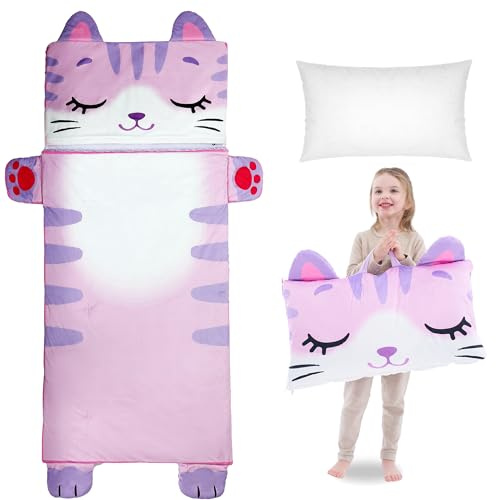 Wizland Kids Sleeping Bag with Pillow Girls Daycare Mat Flannel Kitty Nap Preschool Rest Mats, Fluffy Warm Portable Pink Nap Thick Nap Roll 61.8×28.3