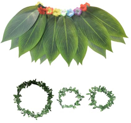 Qutalmi Faldas Hawaianas para Mujer | Vestido de Hierba Hawaiano | Diadema y Brazalete de Hojas Realistas Tropicales Transpirables para Verano Playa Fiesta