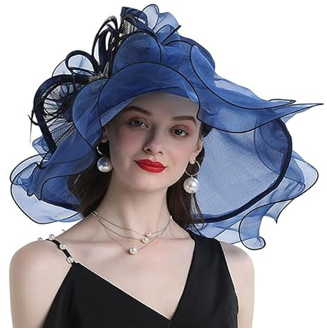 GreatRise Organza Damenhut mit Breite Krempe Blumen-Fascinator Sonnenhüte Elegante Derby-Hut Kentucky Kappe Große Flacher Sommerhut Strandmütze Brauthut für Teeparty Kirchen Hochzeit