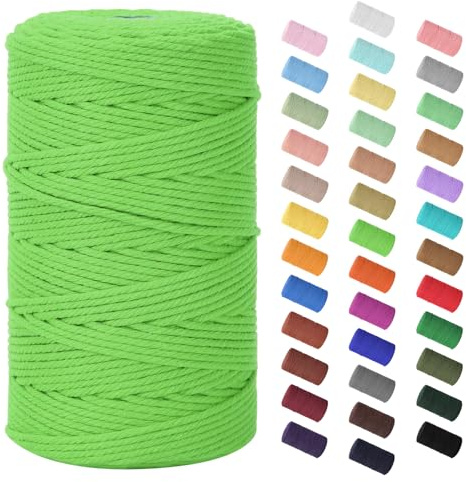 Makramee Garn 3mm x 200m, Baumwollkordel Farbig Baumwollgarn Geflochten Baumwollseil, Natürliche Baumwollschnur für Makramee Wandbehang, Blumenampel, Vorhang und Mehr DIY Deco, Grasgrün