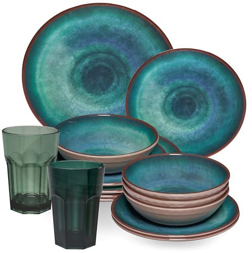 Jesolo Set de vaisselle en mélamine verte pour 2 personnes – 8 pièces – avec verres assortis de 400 ml en acrylique – Vaisselle de camping – Vaisselle de table pour camping – Vaisselle moderne en