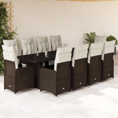 Ensemble bistro de jardin 11 pièces en polyrotin marron avec coussins, chaises réglables, pour terrasse, balcon, arrière-cour