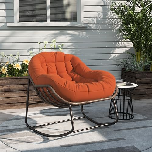 TDRTRD Chaise à Bascule en Forme d'œuf,Fauteuil à Bascules en rotin avec Rembourrage,Chaise à Bascule pour l'intérieur et l'extérieur,Support en Acier,Chaises de Salon pour Chambre à Coucher (Orange)