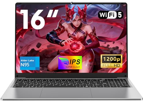 NAIKLULU PC Portatile Processor N95 (1,0 a 3,4 GHz), 16 Pollici RAM 16 GB SSD 512GB Laptop 2025 Computer Portatile, 1920x1200P/Tastiera Retroilluminata/6000 MAh/Lector de Huellas Dactilares