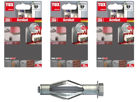 TOX Set Metall-Hohlraumdübel Acrobat M8 x 68 mm verzinkt mit metrischer Schraube M8 x 71 mm, für Befestigungen in Gipskartonplatten und geringen Hohlraumtiefen, 3x2 Stück im Blister