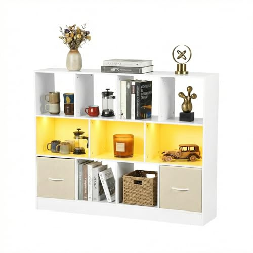 Bücherregal,Kleines Regal Bücher Holz,Kinder Raumteiler Regal Schrank mit 2 schubladen aus Vliesstoff 11 Fächern und lichtleiste,für Wohnzimmer Schlafzimmer Kinderzimmer Büro,Weiß,126x30x100cm