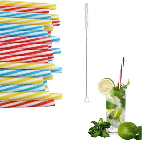 30 Stück Wiederverwendbare Strohhalme, Verdickte Strohhalme Plastik, Trinkhalme Plastik mit Strohhalmbürste für Smoothies, Saft, Heißgetränk, Cocktail (9,06 Zoll lang)