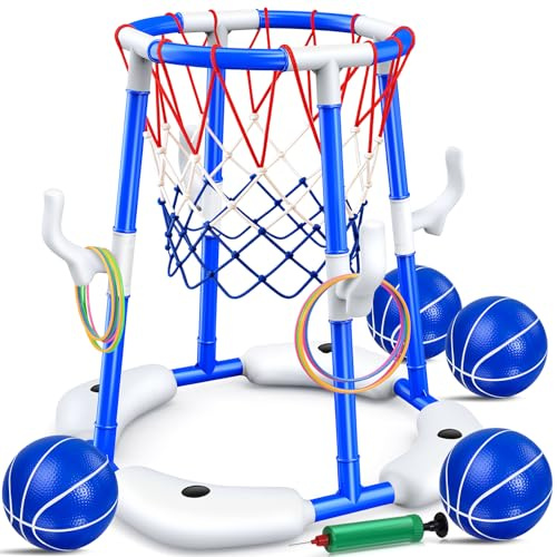 Joozmui Floating Pool Basketball Hoop & Ring Games，2-in-1 Swimming Pool Toys for Kids & Adults with 4 Balls,12 Rings & Pump, Fun Summer Outdoor Pool Games for Backyard & Pool Parties