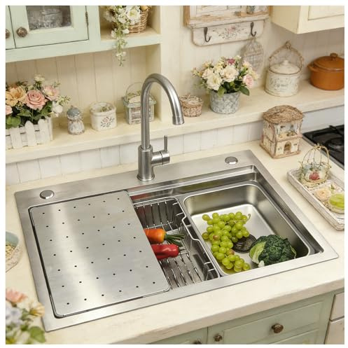 Kitchen Sink, Modern 85 x 50 cm, 304 Stainless Steel Sink, 1 Basin, Built-in Sink, Sink in the Kitchen, Large Basin, Kitchen Sink, with Draining Board, Draining Rack and Siphon