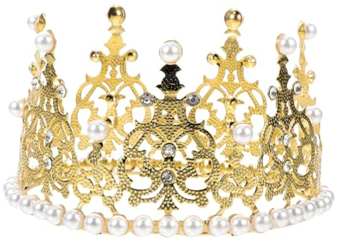 BESTONZON Crown Cake Topper Dekoration mit Strass und Perlen im Vintage-Stil Royal Mittelstück Stirnband Krone für Party Hochzeit (Gold)