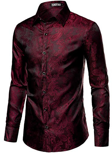 ZEROYAA Men's Paisley Jacquard Slim Fit Long Sleeve Button Up Dress Shirt for Party Prom ZLCL28-Burgundy X-Large