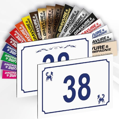 Hausnummer Schild – Dekorative personalisierte PVC Außenplatte mit gravierter Nummer & Motiv – Befestigung nach Wahl (Klebefolie oder Schrauben) – 15 x 10 cm (Weiß mit blauem Text + Design)