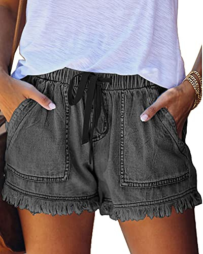 HVEPUO Linne- och bomullsshorts för damer, med elastiskt band, hotpants för sommaren, breda och korta byxor, En grå, M