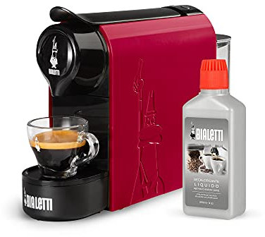 Bialetti Gioia, Macchina da Caffè Espresso per Capsule in Alluminio sistema Caffè d'Italia, Supercompatta, Rosso + Decalcificante, Accessorio macchina del caffè