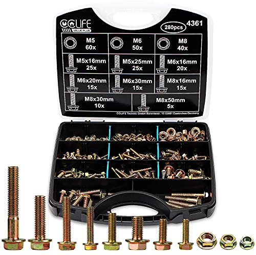 CCLIFE Set di 280 Bulloni Esagonali Meccanici DIN 933 con Dado Flangiato DIN 6923 Esterno Esagonale Bulloneria e Dadi Flangiati - Classe 8.8 - M5 M6 M8