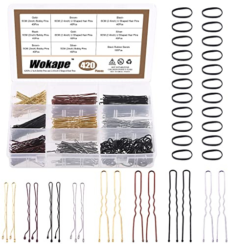 Wokape 420 Stück Bobby Pins und U-förmige Haarnadeln mit Mini Elastische Haargummis Bänder, für Frauen Mädchen Flechten und Tägliche Frisuren (Braun/Schwarz/Gold/Silber)