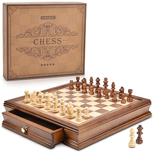 AMEROUS 12.8 x 12.8 Magnetic Wooden Chess Set with 2 Built-in Storage Drawers - 2 Bonus Extra Queens - Gift Packaging - Staunton Chess Pieces, Board Games Chess Sets for Adults and Kids
