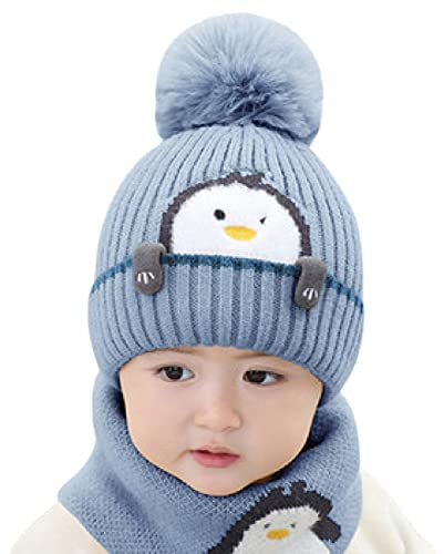 Roadoor Baby Winter Beanie Mütze 1-3T Gestrickte Cartoon Animal Print Baby Mütze Winter Plüsch Ball Neugeborene Mütze für Mädchen Jungen, himmelblau, Medium