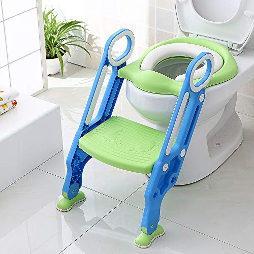 Baby Toilettensitz mit Leiter zum Erlernen der Toilette, Baby Töpfe mit Leiter, Toilettendruckminderer mit Polsterung (Blau Grün)