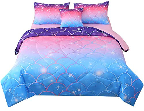 JQinHome Meerjungfrauen-Bettwäsche-Set in voller Größe, 6-teiliges Bett in einer Tasche, 1 Bettlaken, 1 Kissenbezug) (rosa Meerjungfrauenwaage)