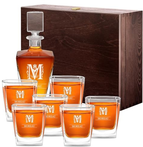 Maverton Carafe et Verres personnalisés - 800ml Bouteille avec 6 Verres | À Whisky de 250ml, Accessoires bar pour hommes, Service à Whisky pour papa, pour anniversaire, Nom