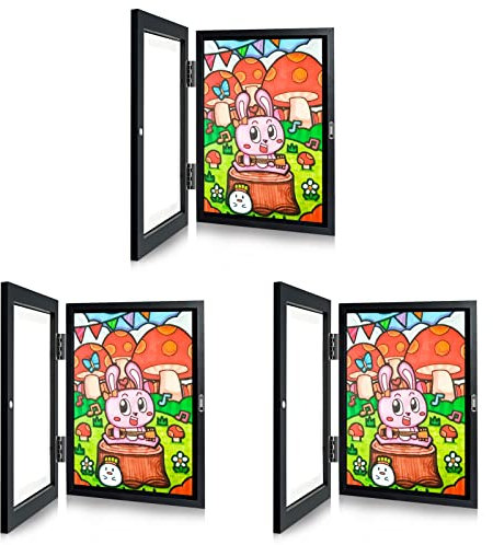 Kinder Bilderrahmen, Frontöffnung Befüllbar Bilderrahmen zum öffnen, Kinder Kunstrahmen aus Holz 25 x 34 cm für Kinderzeichnungen, Kinder Kunstprojekte, Schule, Zuhause oder Büro (Schwarz, 3 Stück)