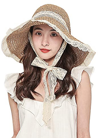 Sonnenhut Damen Stroh Sonnenmütze Große Krempe Strohhut Sommer Anti UV Strandhut Spitze Kinnband Strohmütze Weich Faltbar Sommerhut Elegant Sommermütze Mädchen Strand Khaki