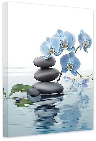 CCWACPP Art mural zen avec pierre de spa et fleur d'orchidée bleue élégante sur l'eau, impression sur toile, œuvre d'art relaxant, spa, méditation (40,6 x 61 cm)