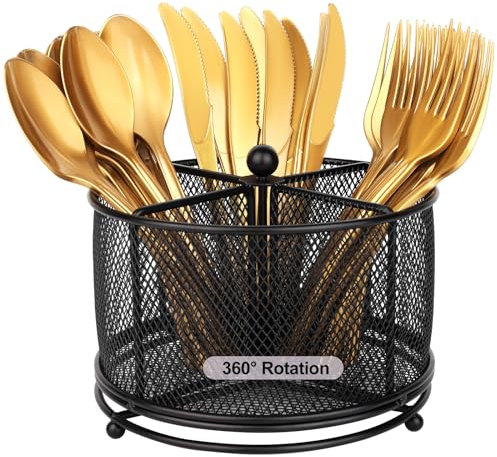 Jvoiyae 360° drehbarer Besteckkorb aus Metall, 4 Fächer, Besteckhalter, Besteckbehälter, Besteck, Löffel, Gabel, Serviette, Besteck-Organizer, Aufbewahrung für Arbeitsplatte, Party, Picknick, Camping,