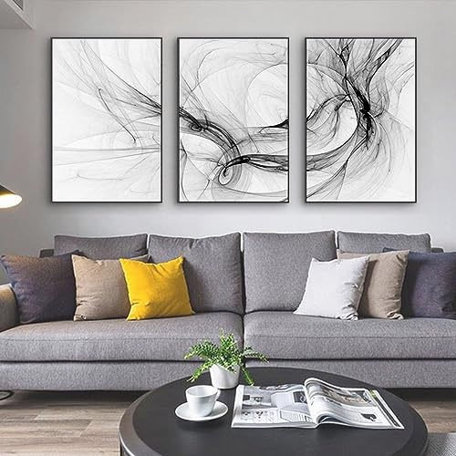 3er Set Abstrakt Poster Schwarz Weiß Leinwandbilder Line Art Bilder Moderne Wohnzimmer Kunst Linie Wandposter Ohne Rahme Schwarz Weiß Bilder (B,60x90cm x3)