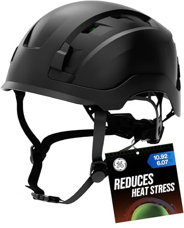 GE Safety Helmet, Impact Absorbing Tech, Adjustable Ratchet, ANSI Type1 Memory Foam Padding Hard Hats Protection Lightweight Durable Chin Strap, Comfortable Fit - Black, Class C (Vented), OSHA